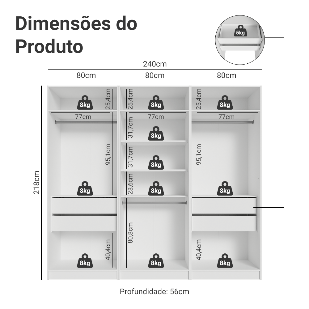 Guarda-Roupa Modulado 240 cm 6 Portas com Espelhos 4 Gavetas Branco Neo Madesa 02