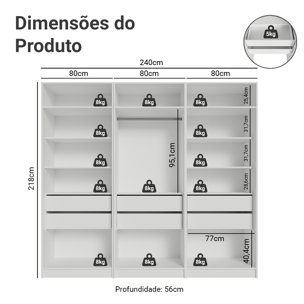 Guarda-Roupa Modulado 240 cm 6 Portas 6 Gavetas Branco Neo Madesa 03