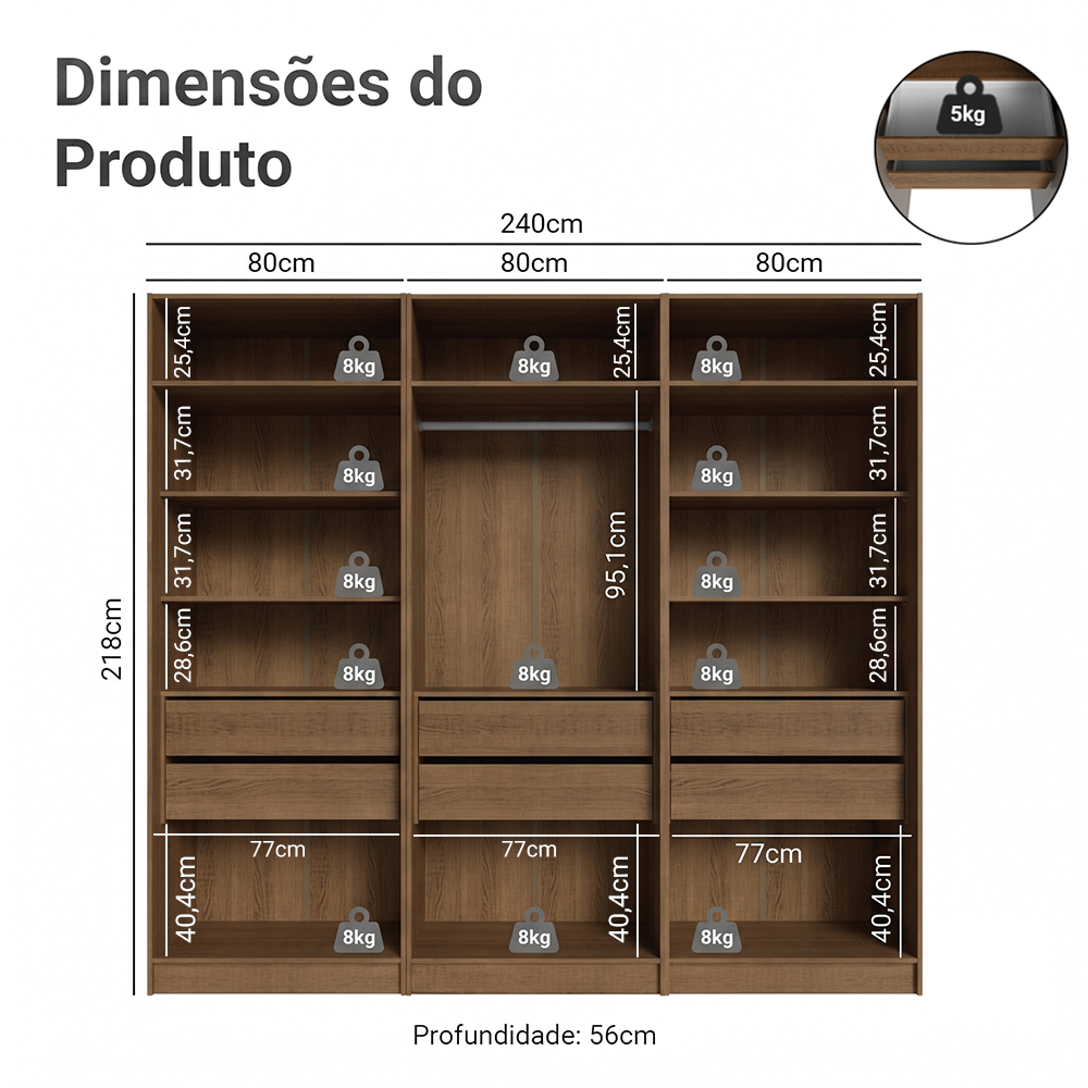 Guarda-Roupa Modulado 240 cm 6 Portas 6 Gavetas Rustic/Crema Neo Madesa 03