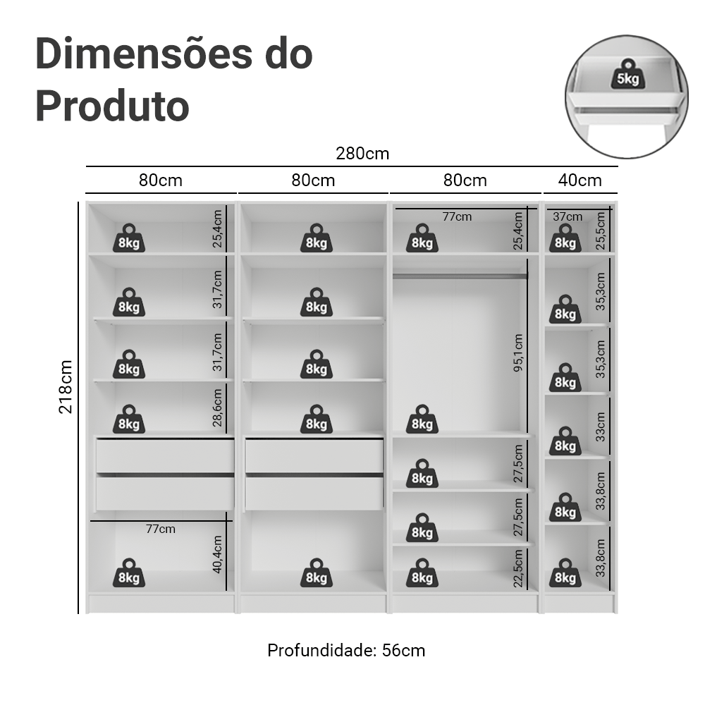 Guarda-Roupa Modulado 280 cm 7 Portas com Espelhos 4 Gavetas Branco Neo Madesa 01