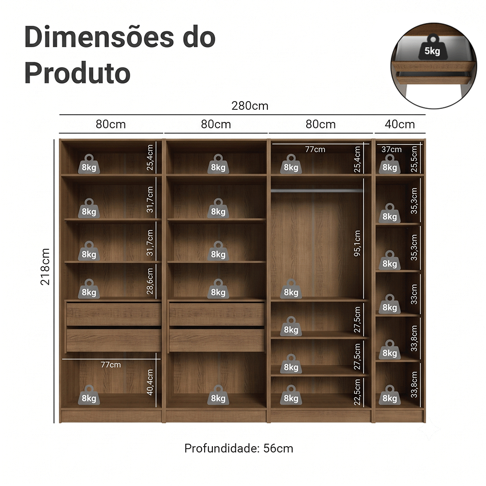 Guarda-Roupa Modulado 280 cm 7 Portas com Espelhos 4 Gavetas Rustic/Crema Neo Madesa 01