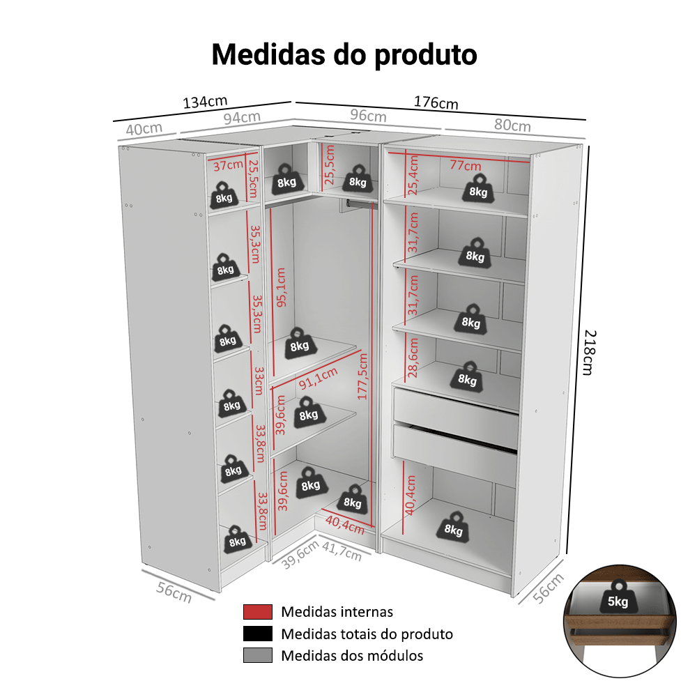 Guarda-Roupa Modulado de Canto 310 cm 5 Portas 2 Gavetas Rustic/Crema Neo Madesa 01