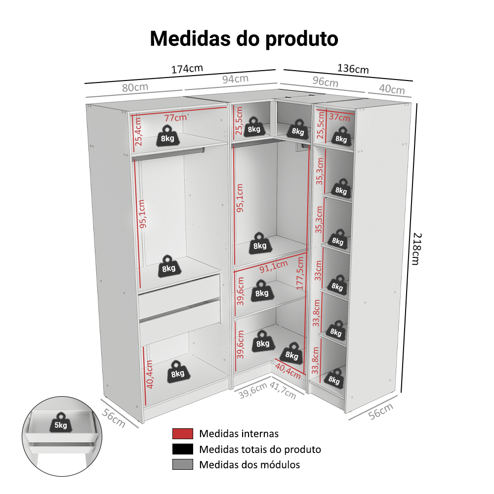 Guarda-Roupa Modulado de Canto 310 cm 5 Portas com Espelhos 2 Gavetas Branco Neo Madesa 03