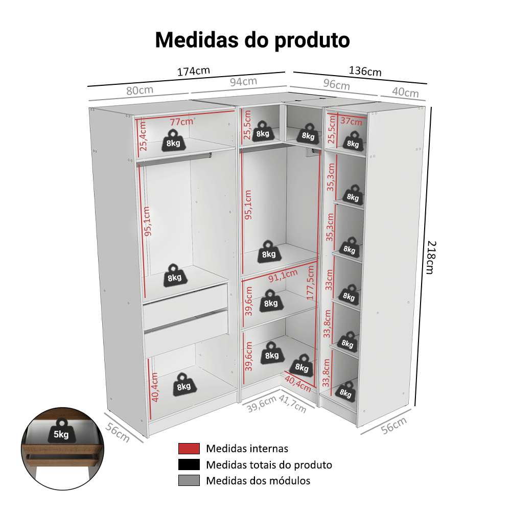 Guarda-Roupa Modulado de Canto 310 cm 5 Portas com Espelhos 2 Gavetas Rustic/Crema Neo Madesa 03