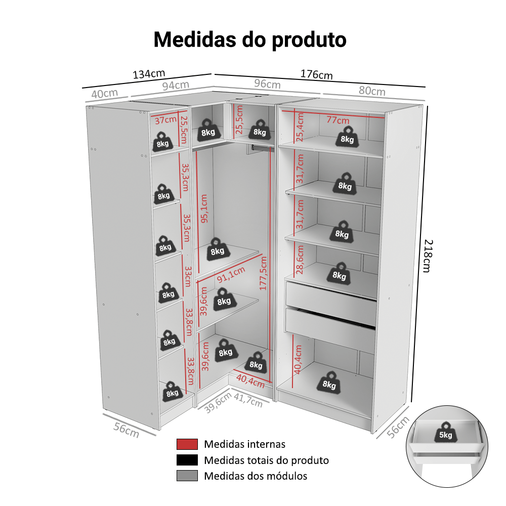Guarda-Roupa Modulado de Canto 310 cm 5 Portas com Espelhos 2 Gavetas Branco Neo Madesa 04