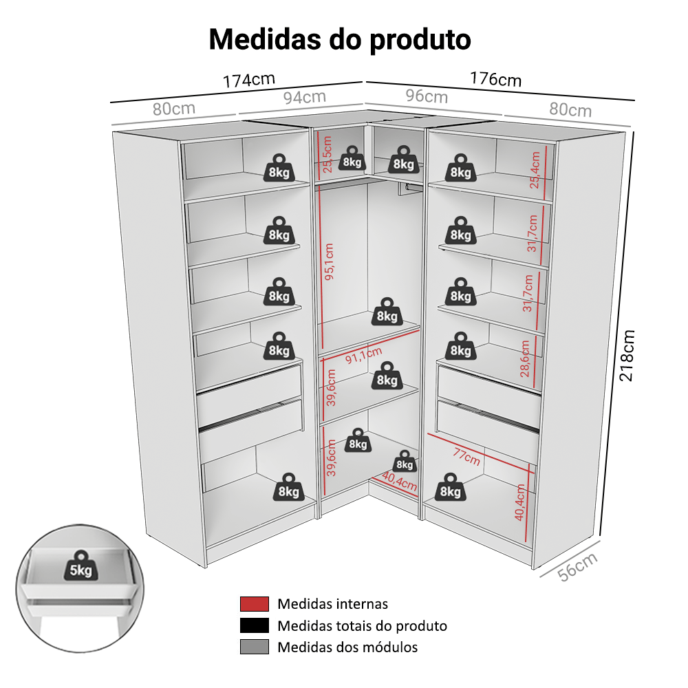 Guarda-Roupa Modulado de Canto 350 cm 6 Portas 4 Gavetas Branco Neo Madesa 01