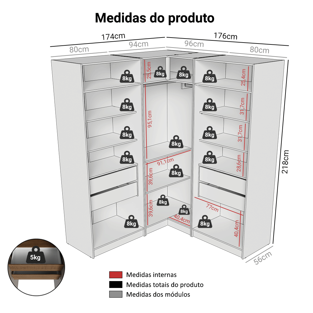 Guarda-Roupa Modulado de Canto 350 cm 6 Portas 4 Gavetas Rustic/Crema Neo Madesa 01