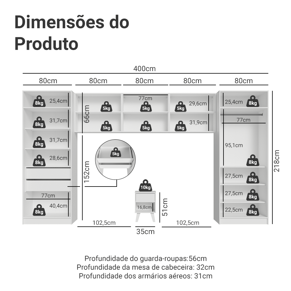 Quarto Infantil com 2 Guarda-Roupas com Espelhos Neo 3 Aéreos 1 Mesa de Cabeceira Branco Madesa