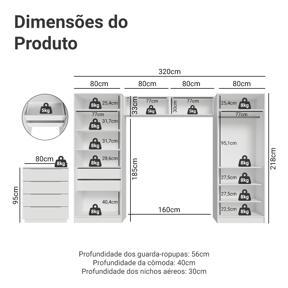 Quarto Infantil com 2 Guarda-Roupas Neo com Espelhos 2 Aéreos 1 Cômoda Branco Madesa 04