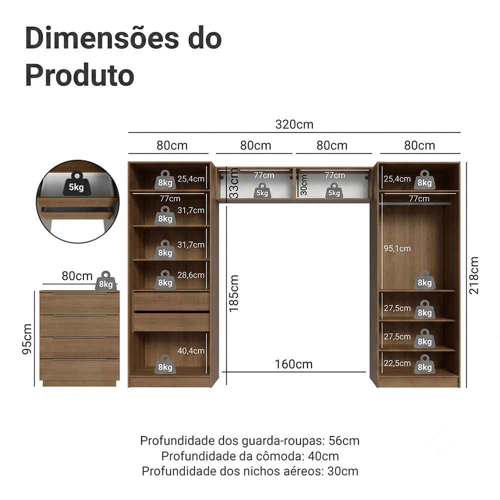 Quarto Infantil com 2 Guarda-Roupas Neo com Espelhos 2 Aéreos 1 Cômoda Rustic/Crema Madesa 04