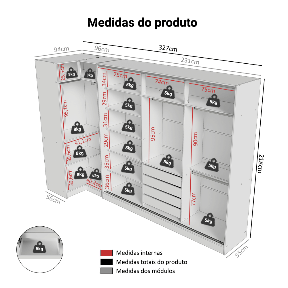 Guarda-Roupa Modulado Neo + Guarda-Roupa Royale 3 Portas de Correr de Espelho Branco Madesa