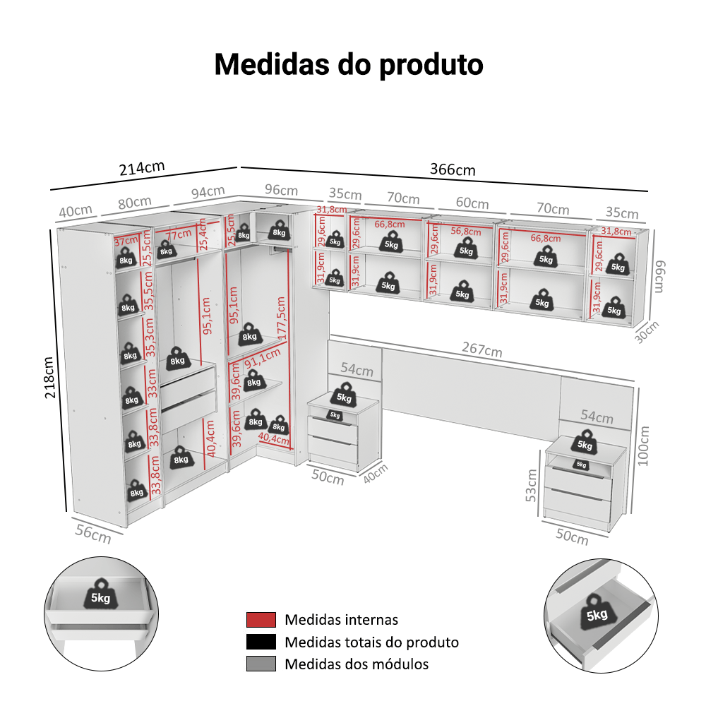 Quarto Completo Casal 580 cm Guarda-Roupa de Canto com Espelhos Branco Neo Madesa 02