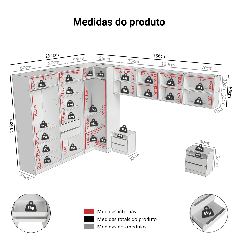 Quarto Completo Casal de Canto 610 cm com Mesa de Cabeceira Branco Neo Madesa