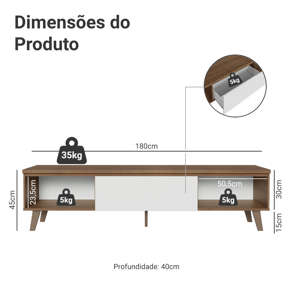 Rack para TV até 80 Polegadas 180 cm 2 Portas 1 Gaveta Rustic/Branco Nilo Madesa