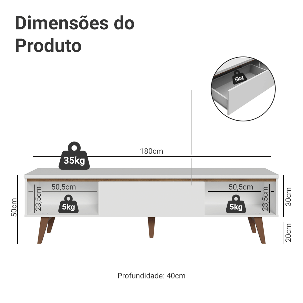 Rack para TV até 80 Polegadas 180cm 2 Portas 1 Gaveta Branco/Rustic Toronto Madesa