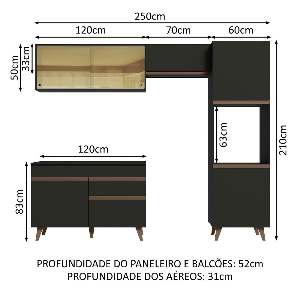 Armário de Cozinha Completa 250cm Preto Reims Madesa XA03