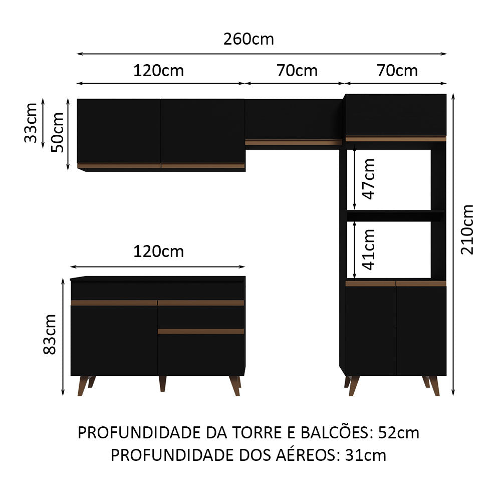 Armário de Cozinha Completa 260cm Preto Reims Madesa 09