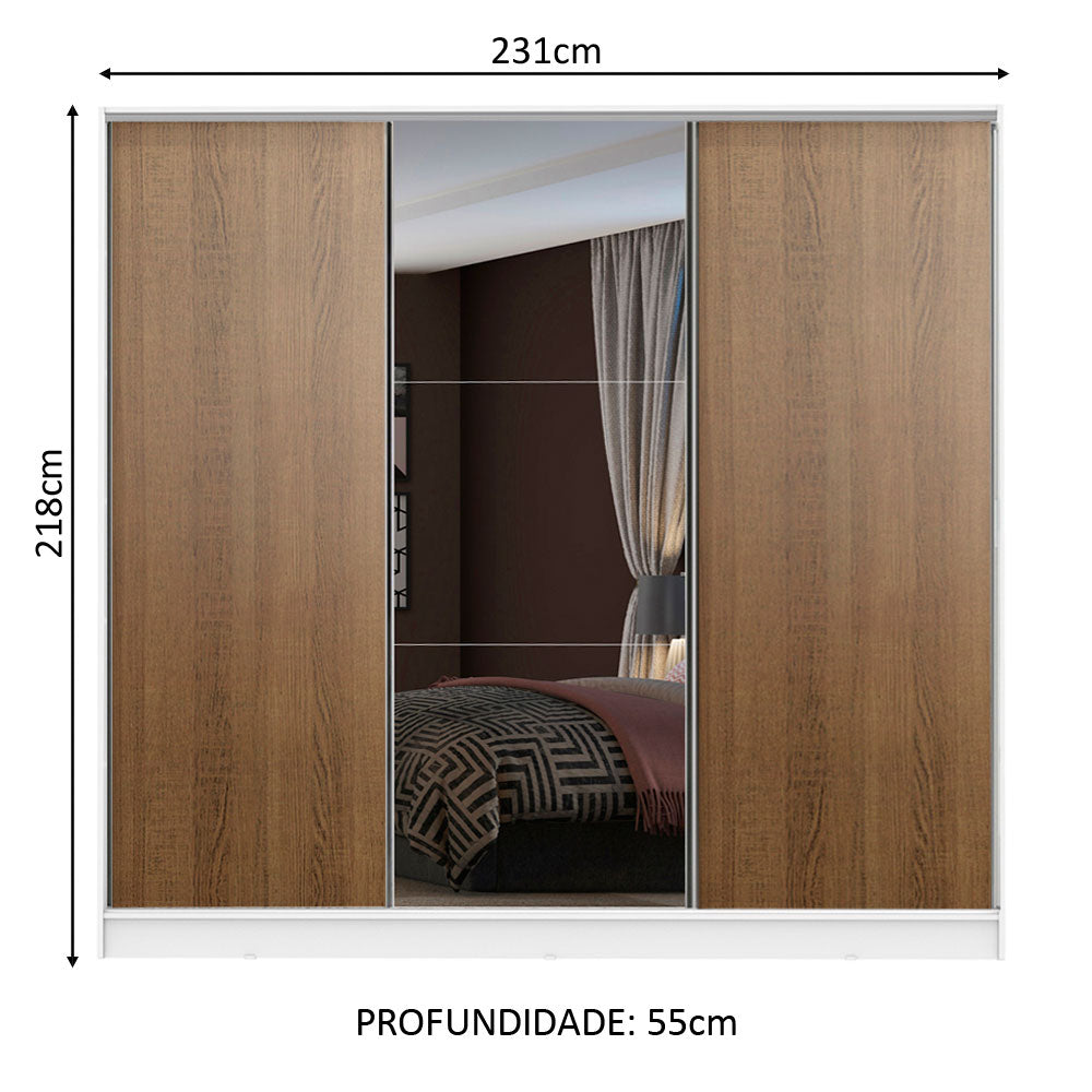 Guarda-Roupa Casal 100% MDF Madesa Zurique 3 Portas de Correr com Espelho Branco/Rustic