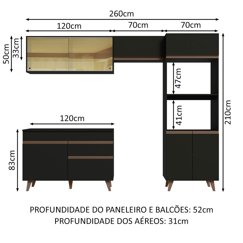 Armário de Cozinha Completa 260cm Preto Reims Madesa XC01