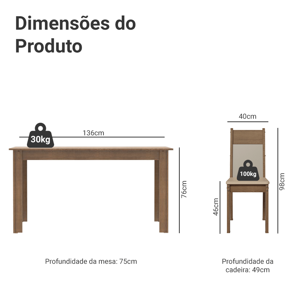 Conjunto Sala de Jantar Tampo de Madeira 6 Cadeiras Rustic/Crema/Bege Malta Madesa