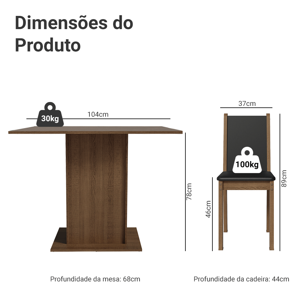 Conjunto Sala de Jantar Tampo de Madeira 4 Cadeiras Rustic/Preto Dover Madesa