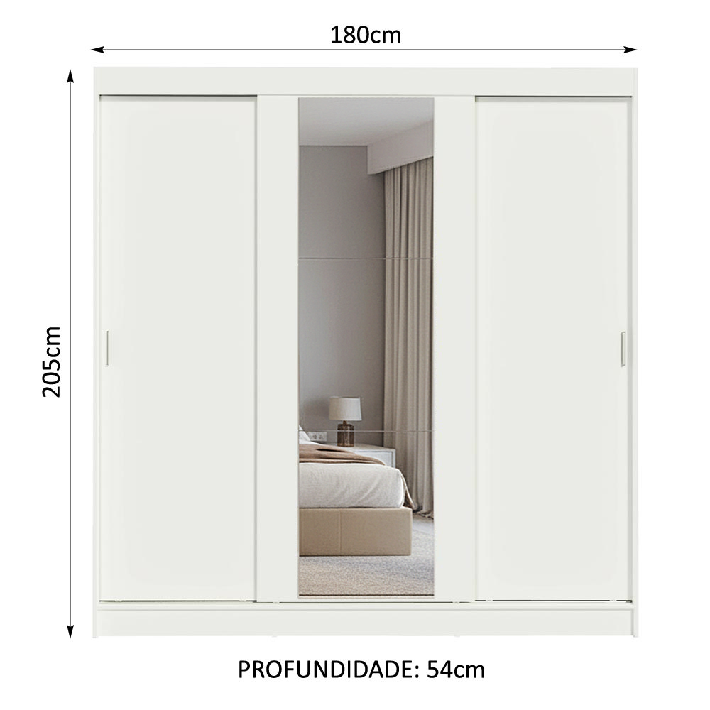 Guarda-Roupa Casal 3 Portas de Correr com Espelho Branco Orion Madesa