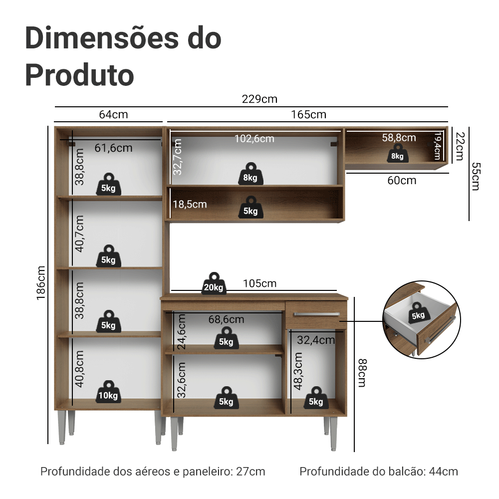Armário de Cozinha Completa 229cm Rustic/Preto Emilly Madesa XT