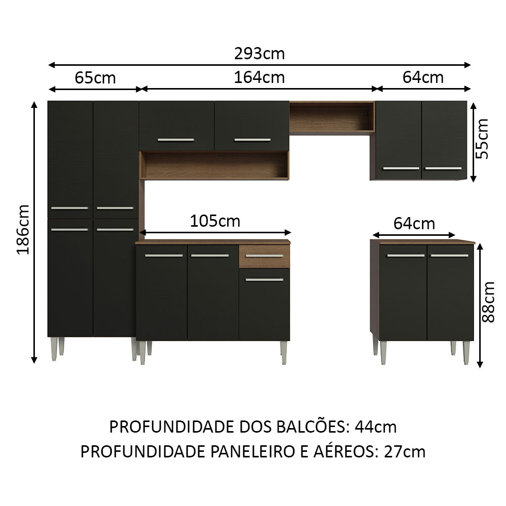Armário de Cozinha Completa 293cm Rustic/Preto Emilly Madesa 01 XT