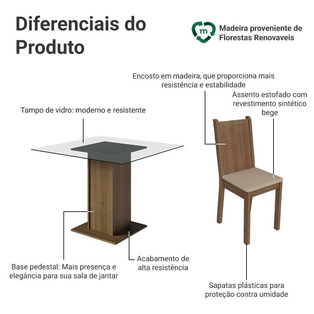 Conjunto Sala de Jantar Madesa Magda Mesa Tampo de Vidro com 4 Cadeiras Rustic/Sintético Bege