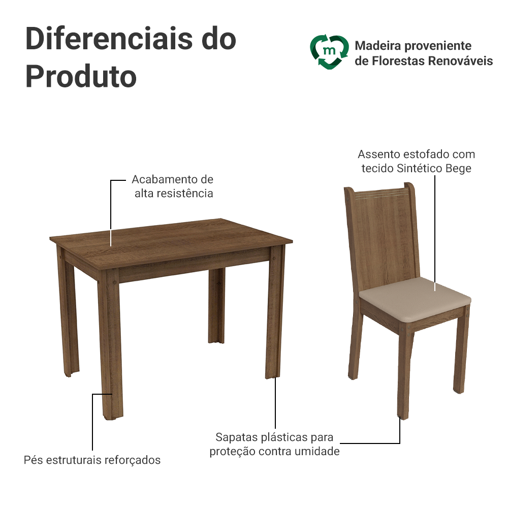 Conjunto Sala de Jantar Madesa Rute Mesa Tampo de Madeira com 4 Cadeiras Rustic/Sintético Bege