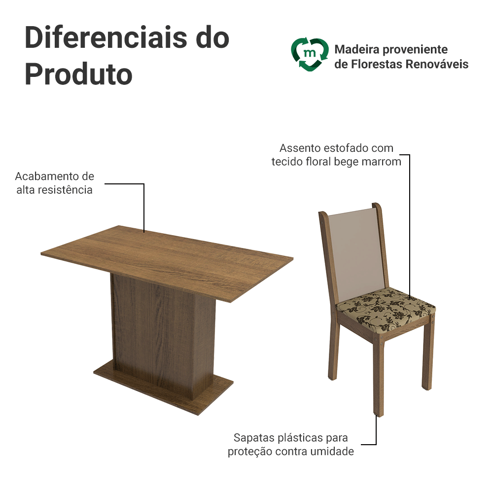 Conjunto Sala de Jantar Madesa Talita Mesa Tampo de Madeira com 4 Cadeiras Rustic/Crema/Bege Marrom