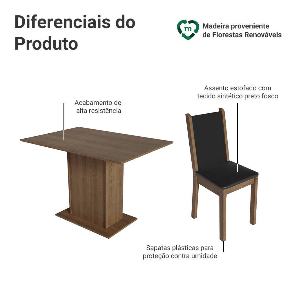 Conjunto Sala de Jantar Madesa Talita Mesa Tampo de Madeira com 4 Cadeiras Rustic/Preto/Oxford
