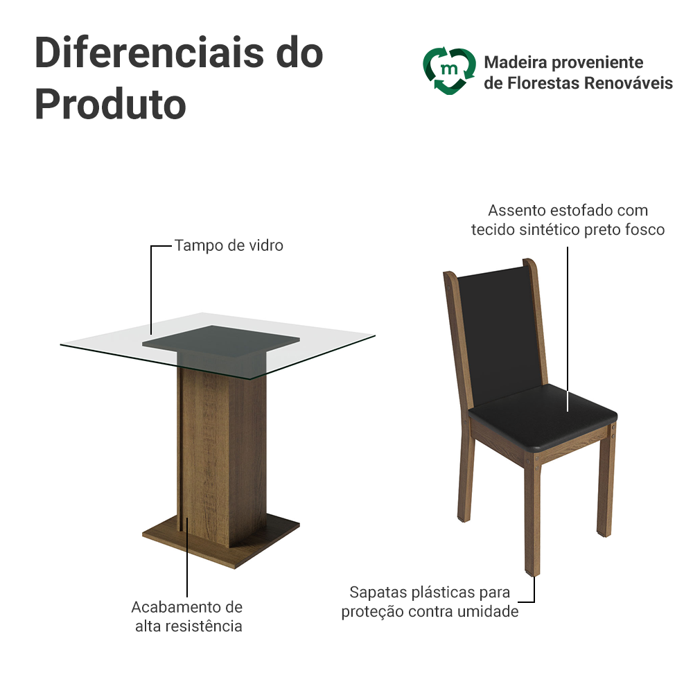 Conjunto Sala de Jantar Aline Madesa Mesa Tampo de Vidro com 4 Cadeiras Rustic/Preto