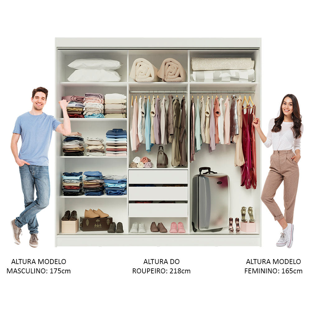 Guarda-Roupa Casal Madesa Kansas 3 Portas de Correr de Espelho 3 Gavetas Branco/Rustic