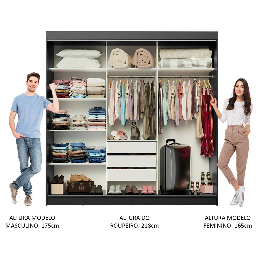 Guarda-Roupa Casal Madesa Austin 4 Portas de Correr com Espelhos 3 Gavetas Preto/Rustic
