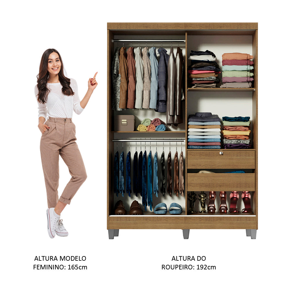 Guarda-Roupa Solteiro Madesa Luke 2 Portas de Correr com Espelho com Pés Rustic