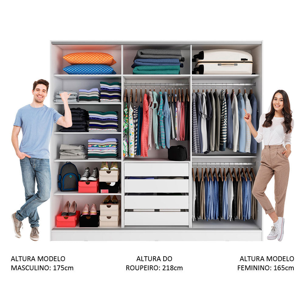 Guarda-Roupa Casal 100% MDF Madesa Royale 3 Portas de Correr com Espelhos Branco