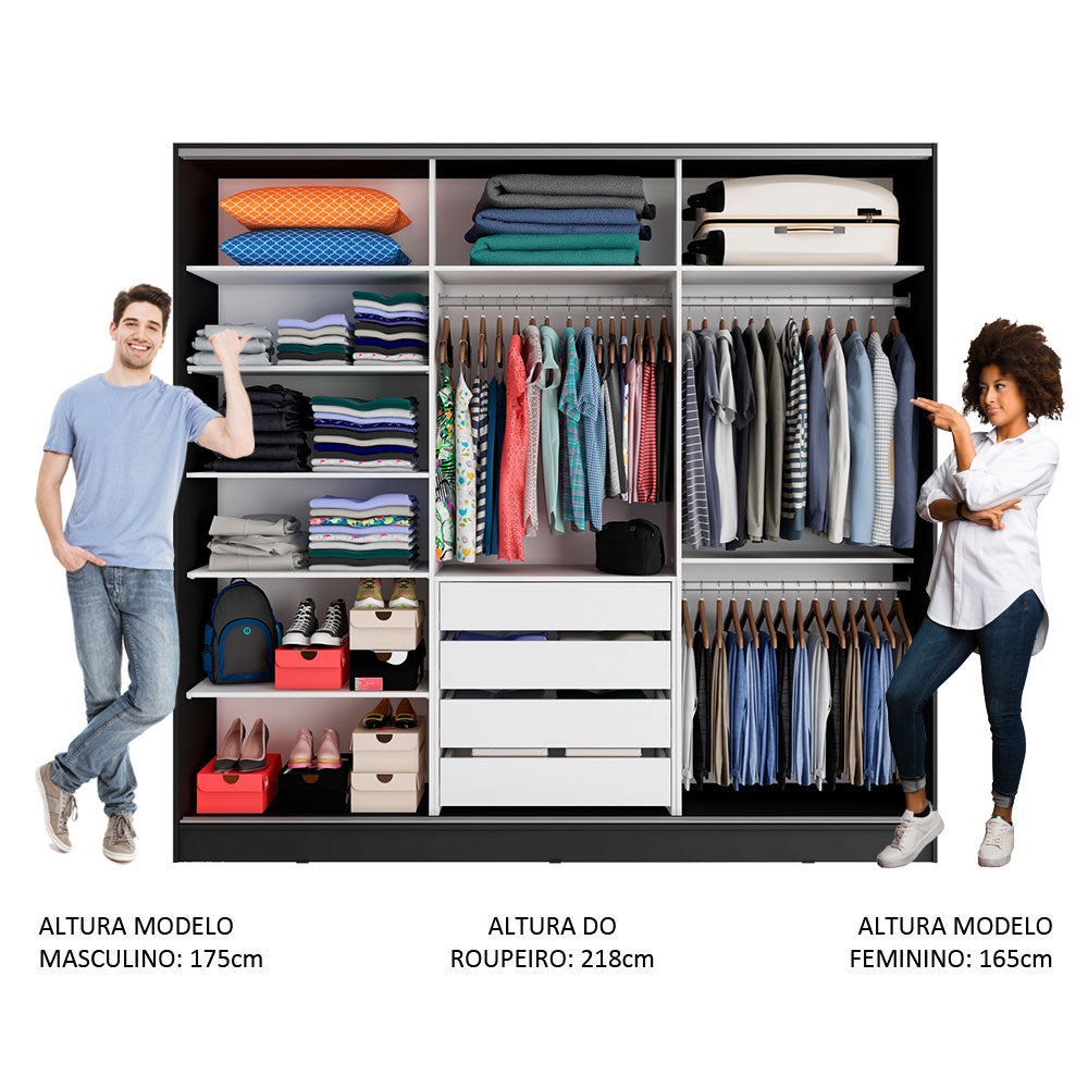 Guarda-Roupa Casal 100% MDF Madesa Royale 3 Portas de Correr Preto/Branco/Preto
