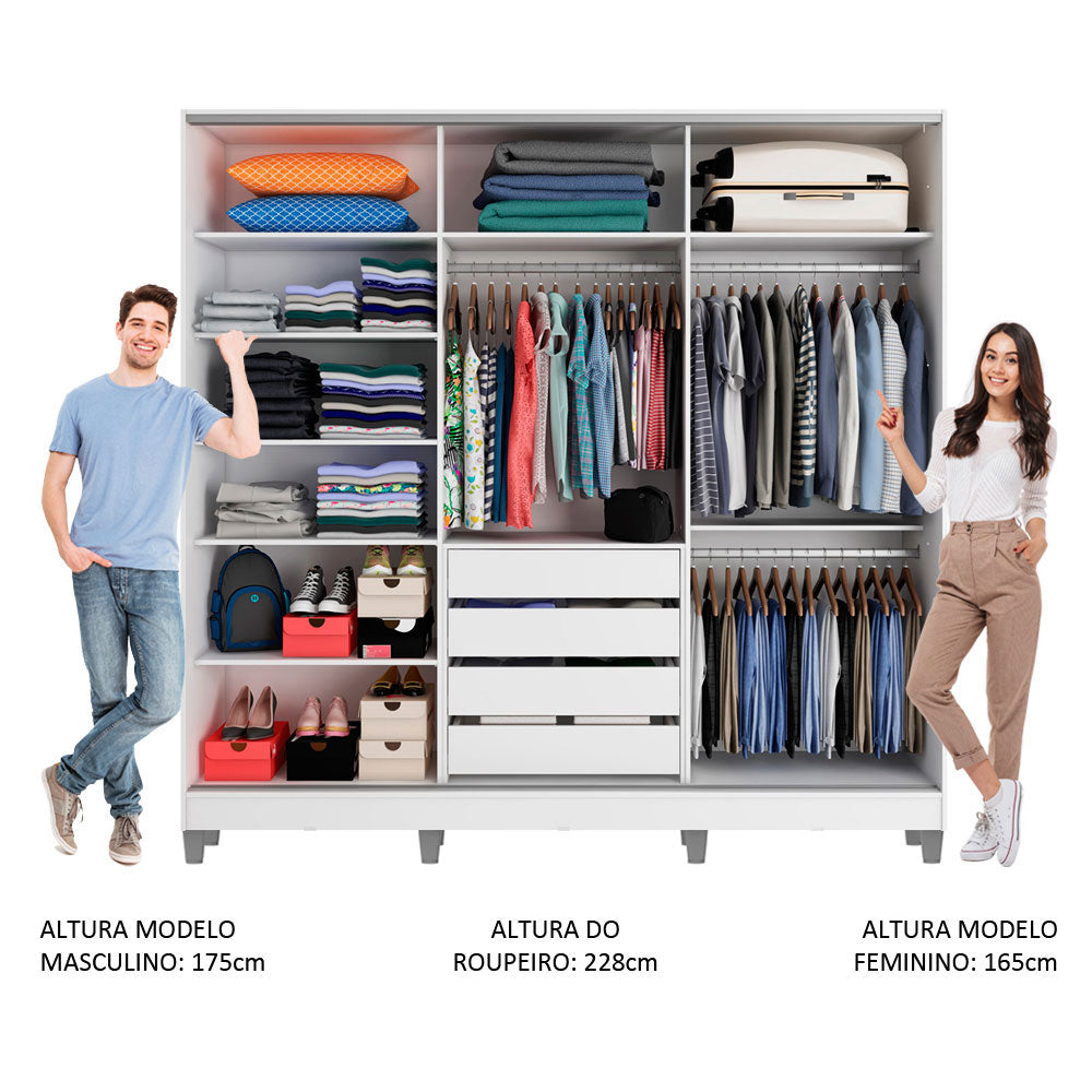 Guarda-Roupa Casal 100% MDF Madesa Royale 3 Portas de Correr com Pés Branco/Branco/Rustic