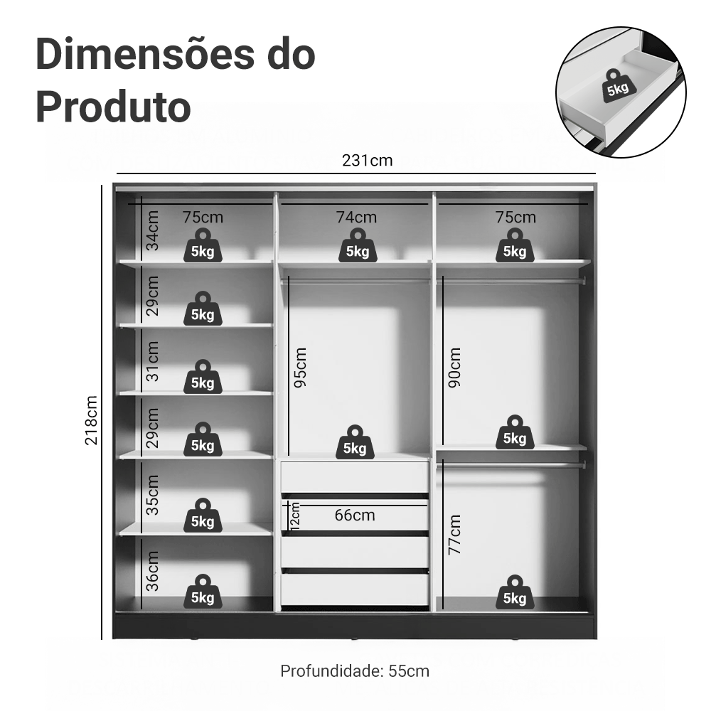 Guarda-Roupa Casal 100% MDF 3 Portas de Correr com Espelho Preto/Rustic Madesa Royale