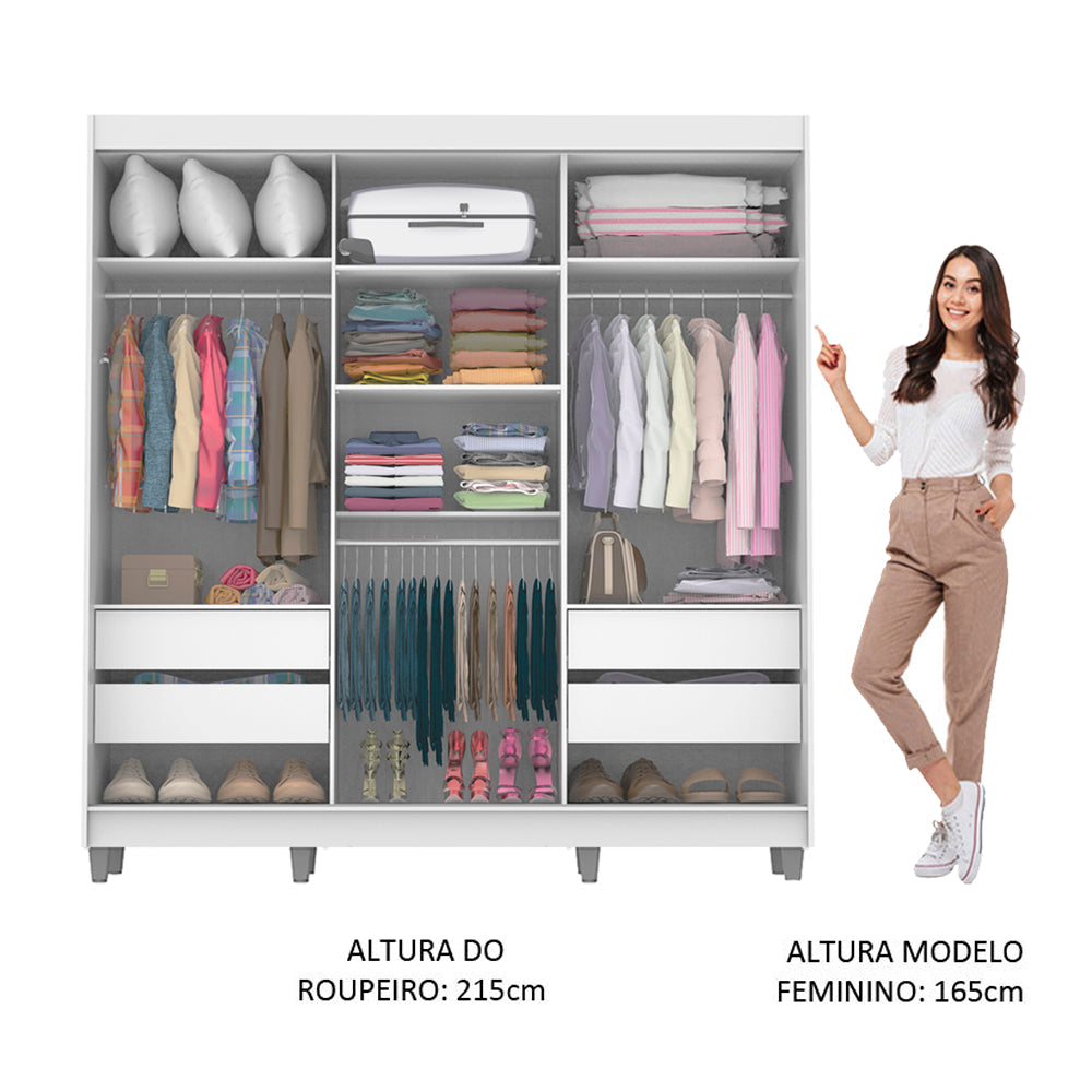 Guarda-Roupa Casal Madesa Veneza 3 Portas de Correr Central com Espelho com Pés Branco