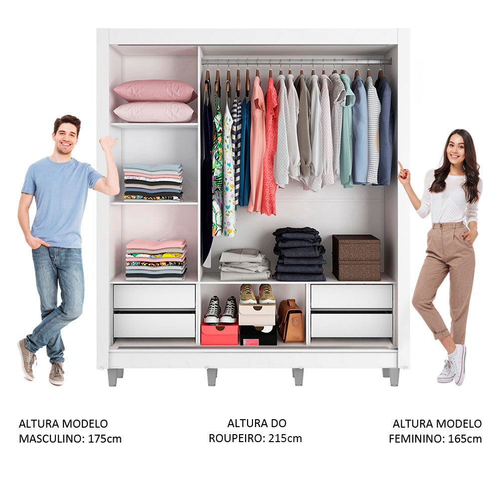 Guarda-Roupa Casal Madesa Lyon Plus 3 Portas de Correr com Espelho 4 Gavetas com Pés Branco