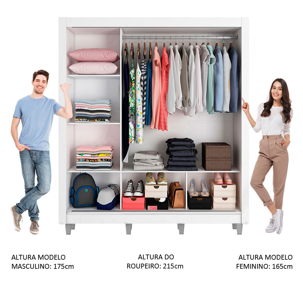 Guarda-Roupa Casal Madesa Mônaco 3 Portas de Correr de Espelho com Pés Branco