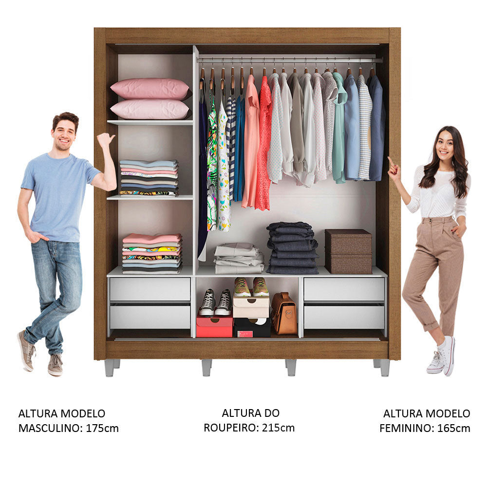 Guarda-Roupa Casal Madesa Lyon Plus 3 Portas de Correr com Espelhos 4 Gavetas com Pés Rustic
