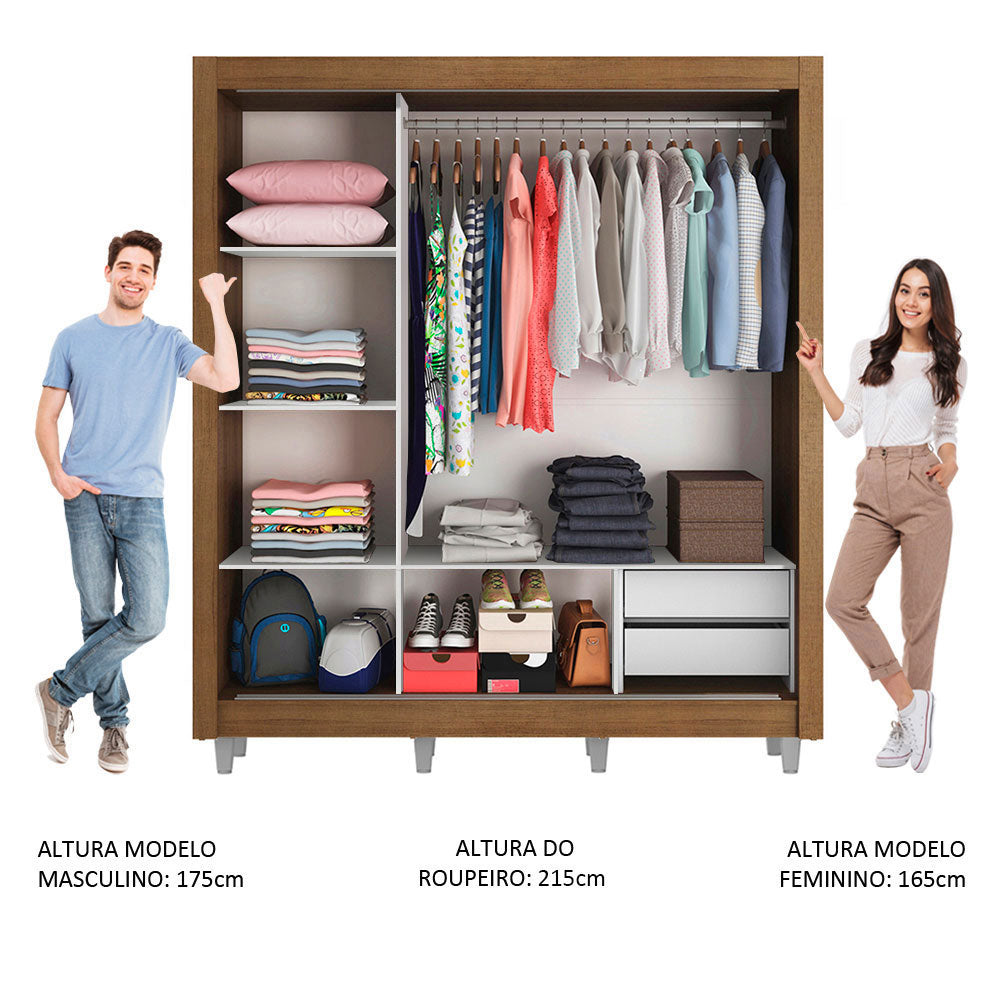 Guarda-Roupa Casal Madesa Lyon 3 Portas de Correr 2 Gavetas com Pés Rustic/Branco