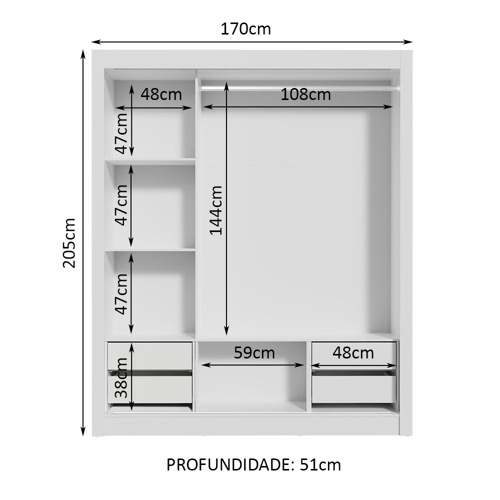 Guarda-Roupa Casal Madesa Lyon Plus 3 Portas de Correr com Espelho 4 Gavetas Branco/Preto