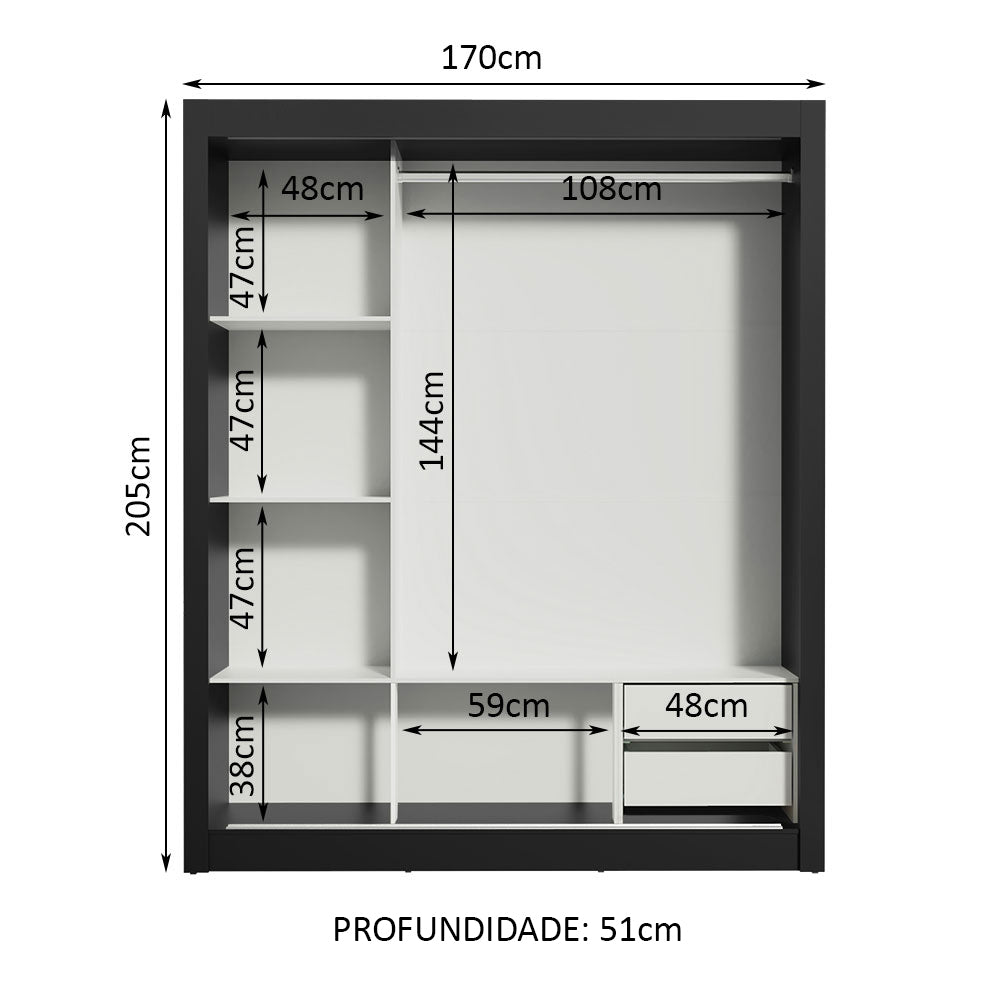 Guarda-Roupa Casal Madesa Lyon 3 Portas de Correr de Espelho 2 Gavetas Preto