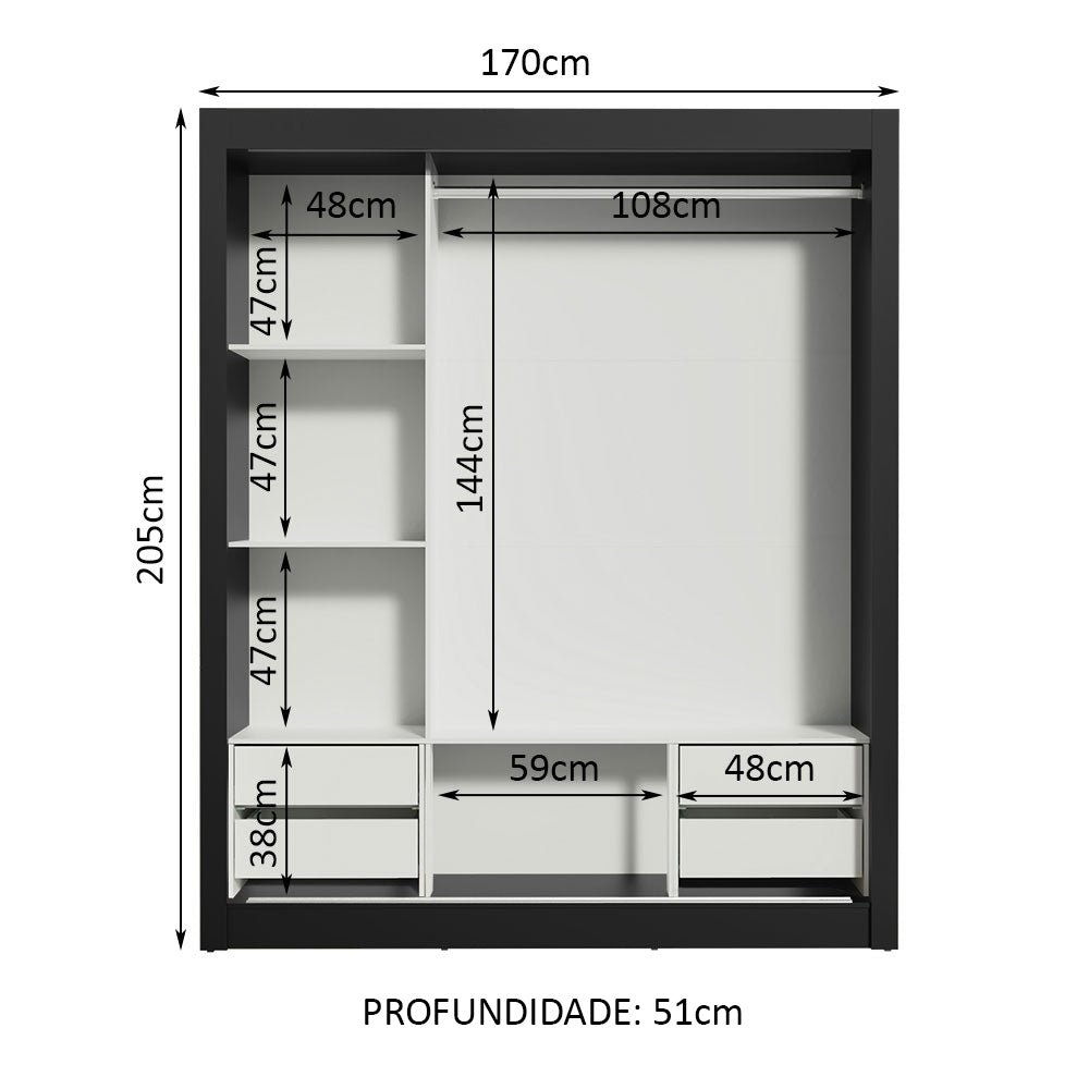 Guarda-Roupa Casal Madesa Lyon Plus 3 Portas de Correr 4 Gavetas Preto