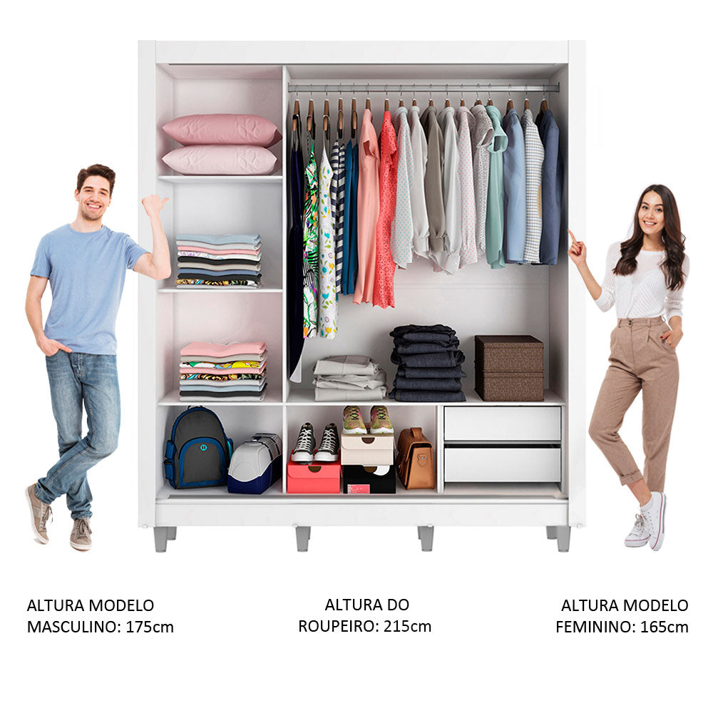 Guarda-Roupa Casal Madesa Lyon 3 Portas de Correr com Espelhos 2 Gavetas com Pés Branco/Rustic