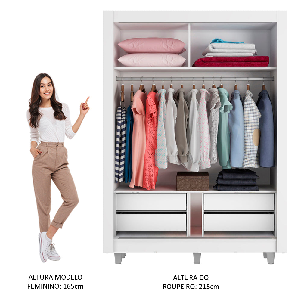 Guarda-Roupa Solteiro Madesa Dallas Plus 2 Portas de Correr de Espelho 4 Gavetas com Pés Branco